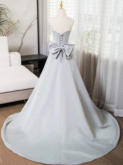 Gray Strapless Satin Long Prom Dress, Simple A-Line Evening Dress TP114
