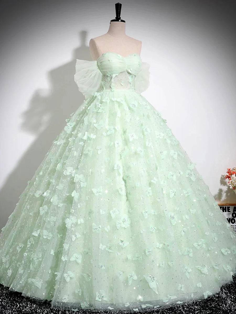 Green Tulle Floor Length Formal Dress, Beautiful A-Line Off the Shoulder Evening Dress TP116