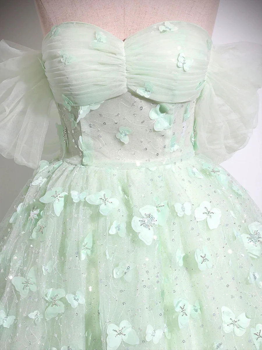 Green Tulle Floor Length Formal Dress, Beautiful A-Line Off the Shoulder Evening Dress TP116