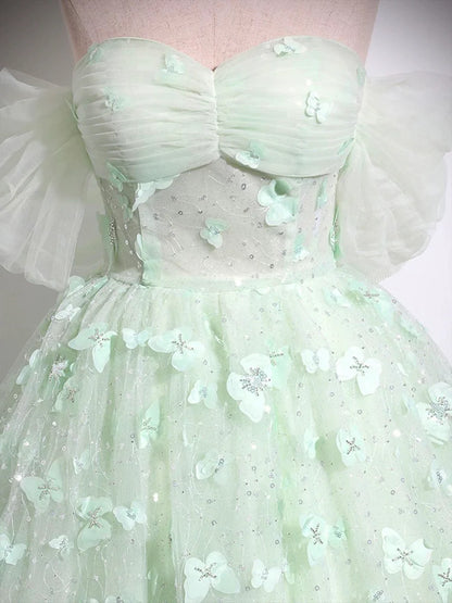 Green Tulle Floor Length Formal Dress, Beautiful A-Line Off the Shoulder Evening Dress TP116