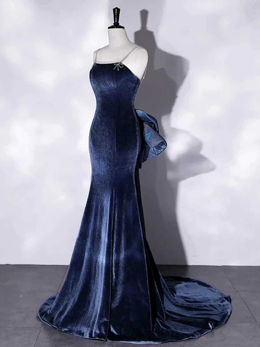 Blue Velvet Spaghetti Strap Long Prom Dress, Mermaid Bow Evening Party Dress TP117