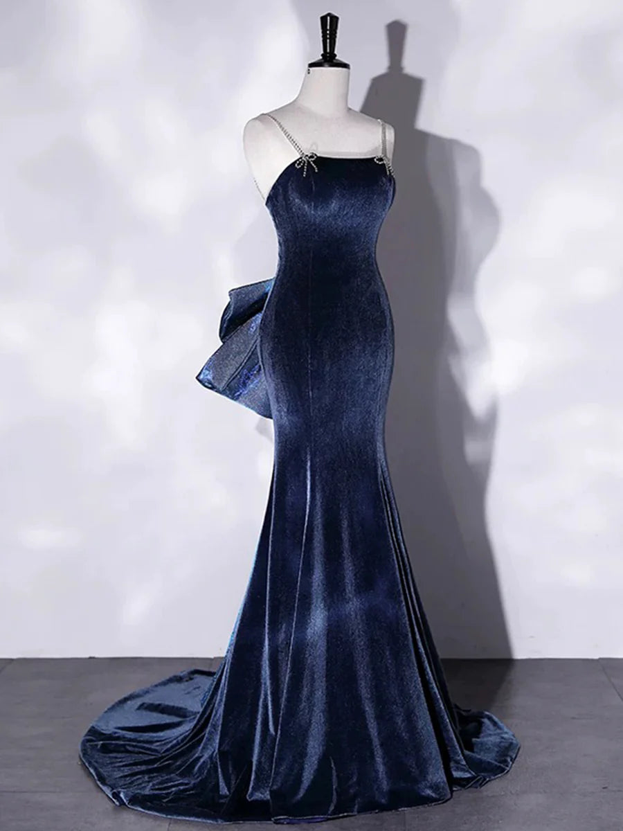 Blue Velvet Spaghetti Strap Long Prom Dress, Mermaid Bow Evening Party Dress TP117