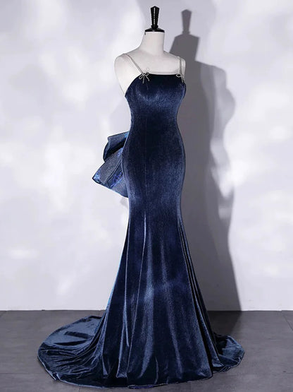 Blue Velvet Spaghetti Strap Long Prom Dress, Mermaid Bow Evening Party Dress TP117