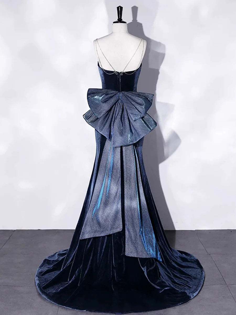 Blue Velvet Spaghetti Strap Long Prom Dress, Mermaid Bow Evening Party Dress TP117