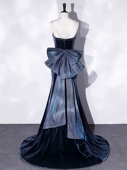 Blue Velvet Spaghetti Strap Long Prom Dress, Mermaid Bow Evening Party Dress TP117