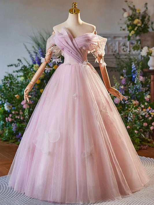 Pink Tulle Floor Length Prom Dress, Beautiful A-Line Off the Shoulder Evening Party Dress TP118
