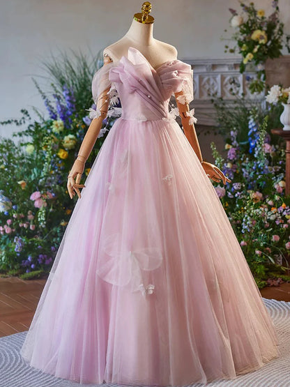 Pink Tulle Floor Length Prom Dress, Beautiful A-Line Off the Shoulder Evening Party Dress TP118