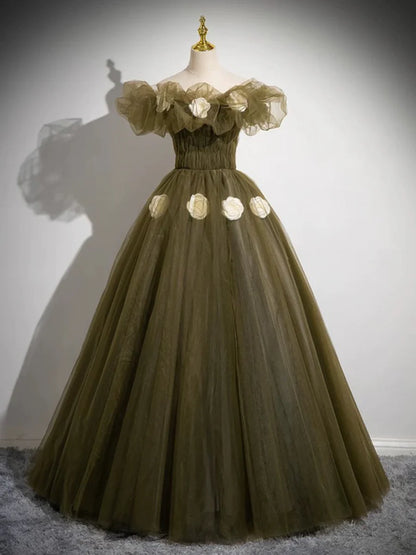 Elegant Off the Shoulder Floor Length Prom Dress, Green A-Line Tulle Formal Party Dress TP119