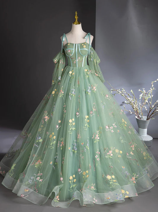 Green Floral Tulle Long Prom Dress, Beautiful A-Line Evening Formal Dress TP126