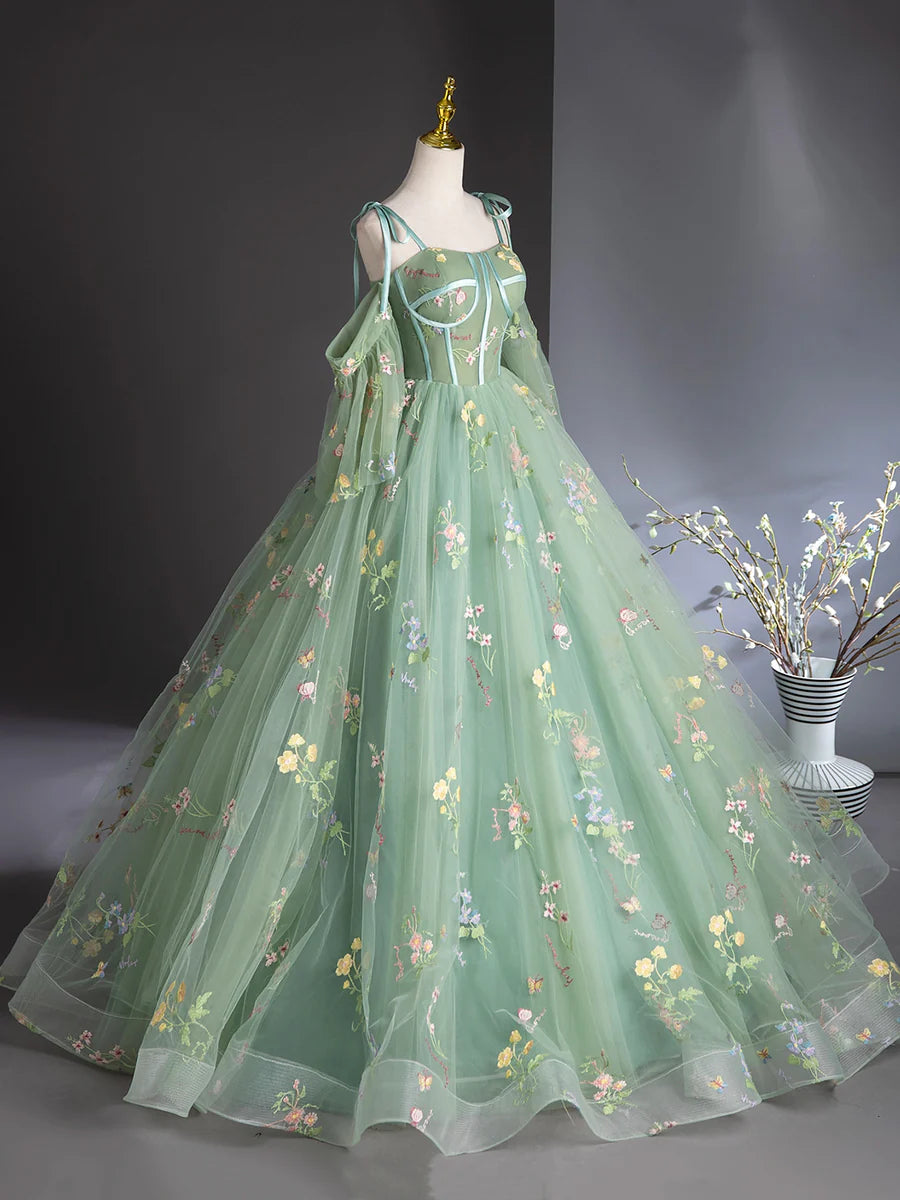 Green Floral Tulle Long Prom Dress, Beautiful A-Line Evening Formal Dress TP126