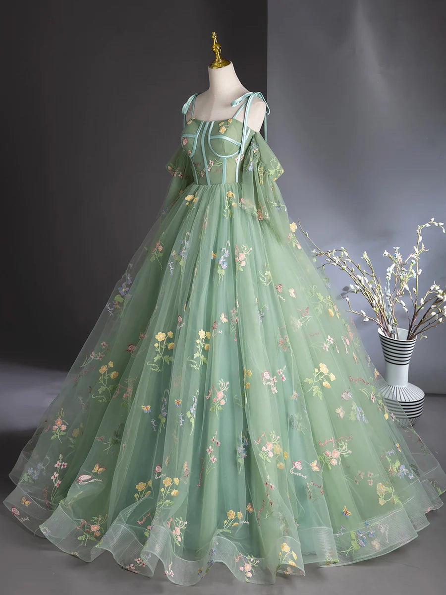 Green Floral Tulle Long Prom Dress, Beautiful A-Line Evening Formal Dress TP126