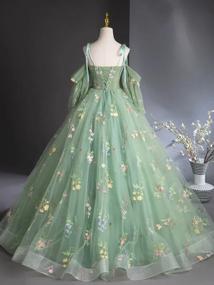Green Floral Tulle Long Prom Dress, Beautiful A-Line Evening Formal Dress TP126