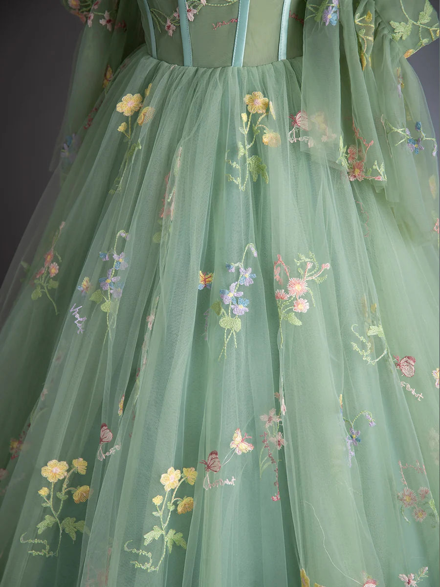 Green Floral Tulle Long Prom Dress, Beautiful A-Line Evening Formal Dress TP126