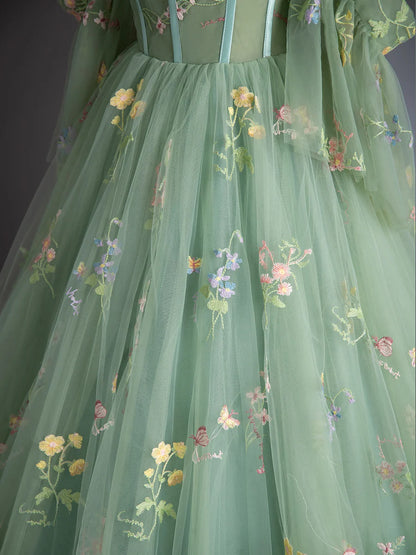Green Floral Tulle Long Prom Dress, Beautiful A-Line Evening Formal Dress TP126