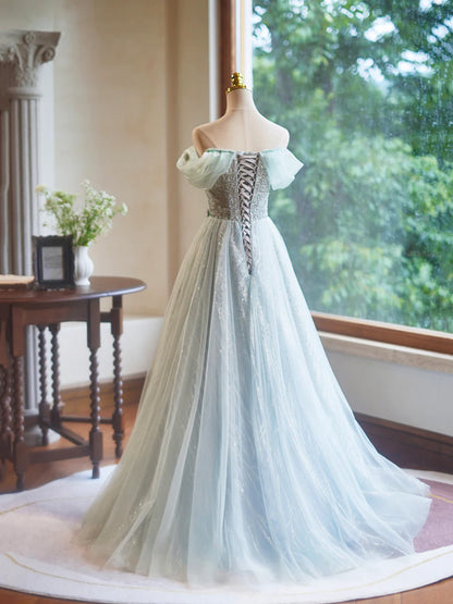 A-Line Green Floor Length Prom Dress, Beautiful Off the Shoulder Backless Evening Party Dress TP127