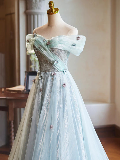 A-Line Green Floor Length Prom Dress, Beautiful Off the Shoulder Backless Evening Party Dress TP127