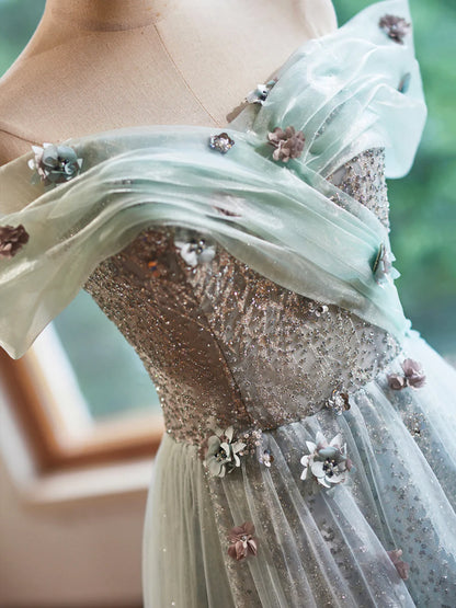 A-Line Green Floor Length Prom Dress, Beautiful Off the Shoulder Backless Evening Party Dress TP127