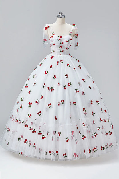 White Cherry Floor Length Prom Dresses, A-Line Ruffle Tulle Spaghetti Straps Princess Evening Dresses TP129