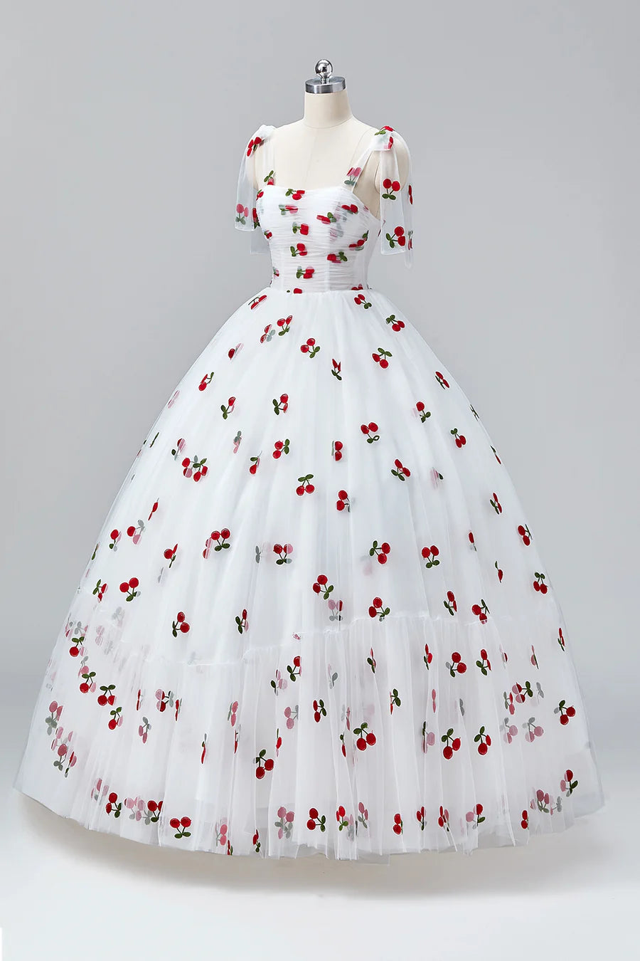 White Cherry Floor Length Prom Dresses, A-Line Ruffle Tulle Spaghetti Straps Princess Evening Dresses TP129