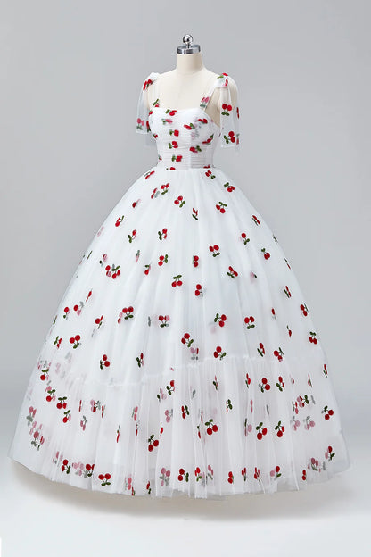 White Cherry Floor Length Prom Dresses, A-Line Ruffle Tulle Spaghetti Straps Princess Evening Dresses TP129
