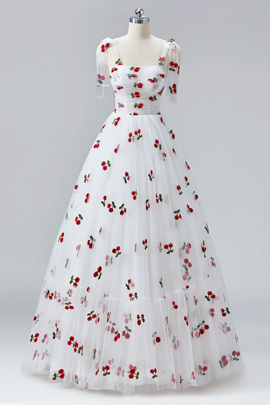 White Cherry Floor Length Prom Dresses, A-Line Ruffle Tulle Spaghetti Straps Princess Evening Dresses TP129