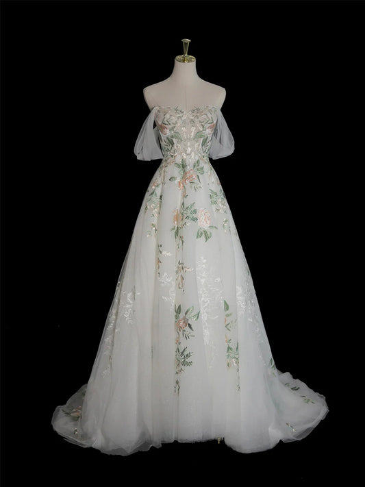 A-Line Tulle Floral Lace Long Prom Dress, White Off the Shoulder Evening Party Dress TP133