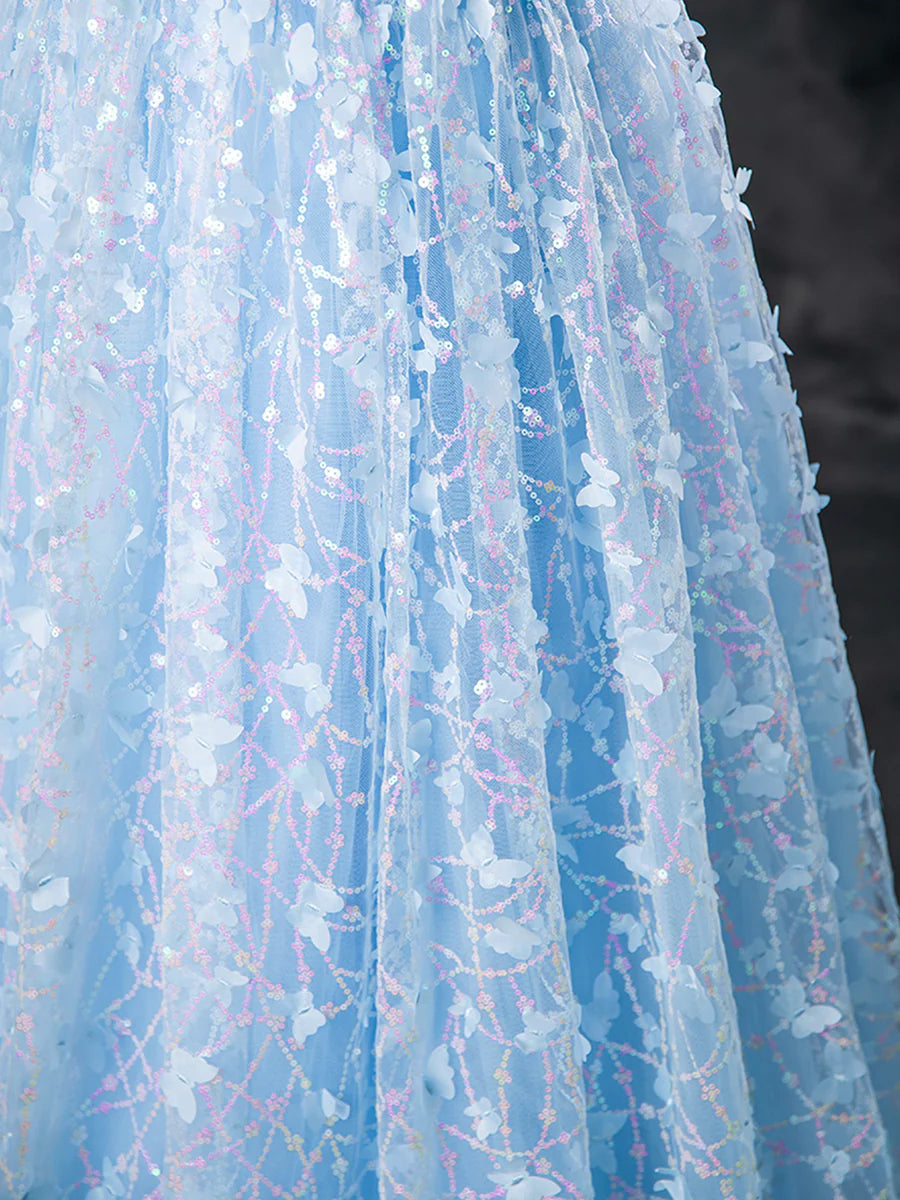 Blue Butterfly Appliques Sequins Prom Dress, A-Line Short Sleeve Backless Princess Formal Dress TP134