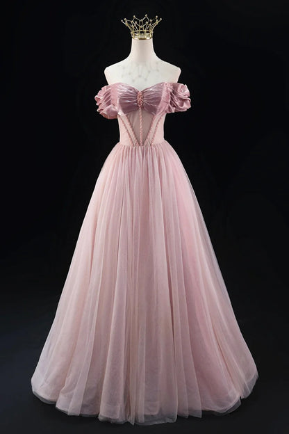 A-Line Tulle Beaded Floor Length Prom Dress, Lovely Off the Shoulder Evening Party Dress TP137