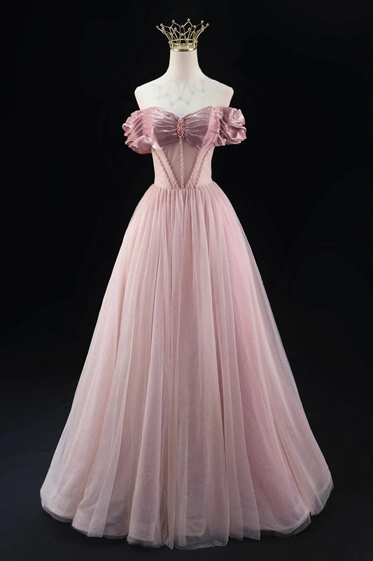 A-Line Tulle Beaded Floor Length Prom Dress, Lovely Off the Shoulder Evening Party Dress TP137