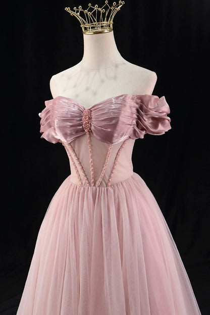 A-Line Tulle Beaded Floor Length Prom Dress, Lovely Off the Shoulder Evening Party Dress TP137