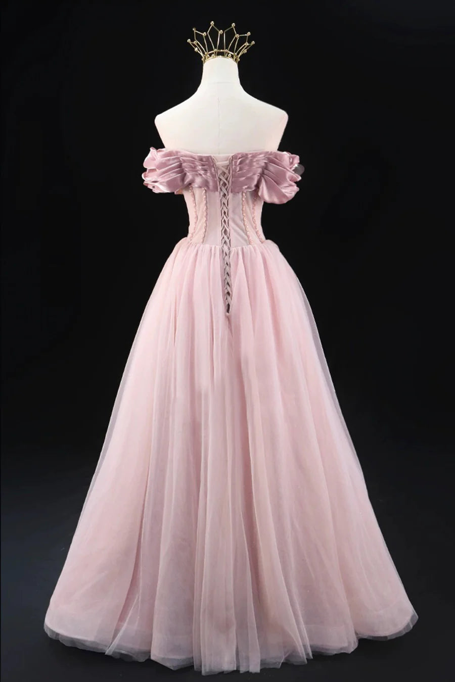 A-Line Tulle Beaded Floor Length Prom Dress, Lovely Off the Shoulder Evening Party Dress TP137