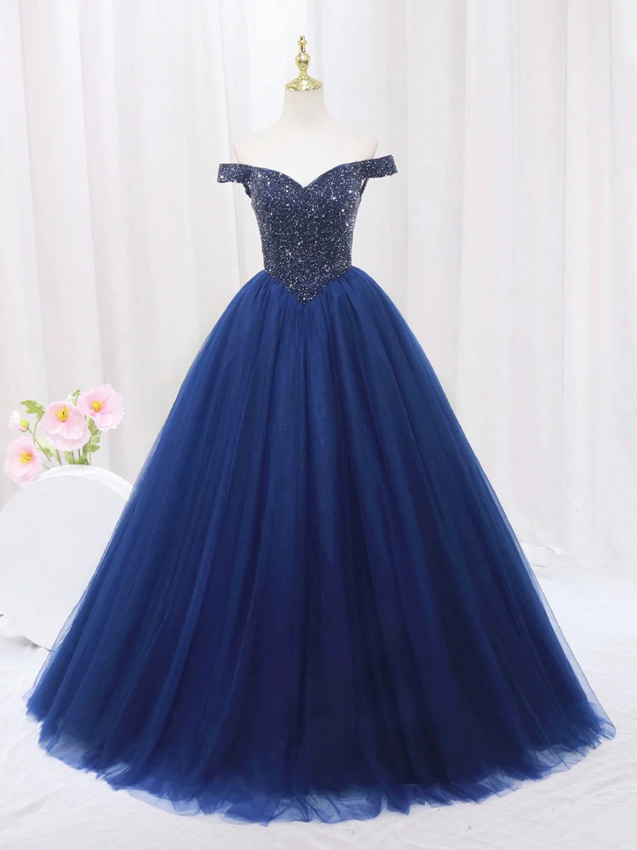 Blue Tulle Beaded Long Prom Dress, Off the Shoulder Evening Party Dress TP139