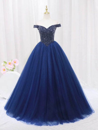 Blue Tulle Beaded Long Prom Dress, Off the Shoulder Evening Party Dress TP139