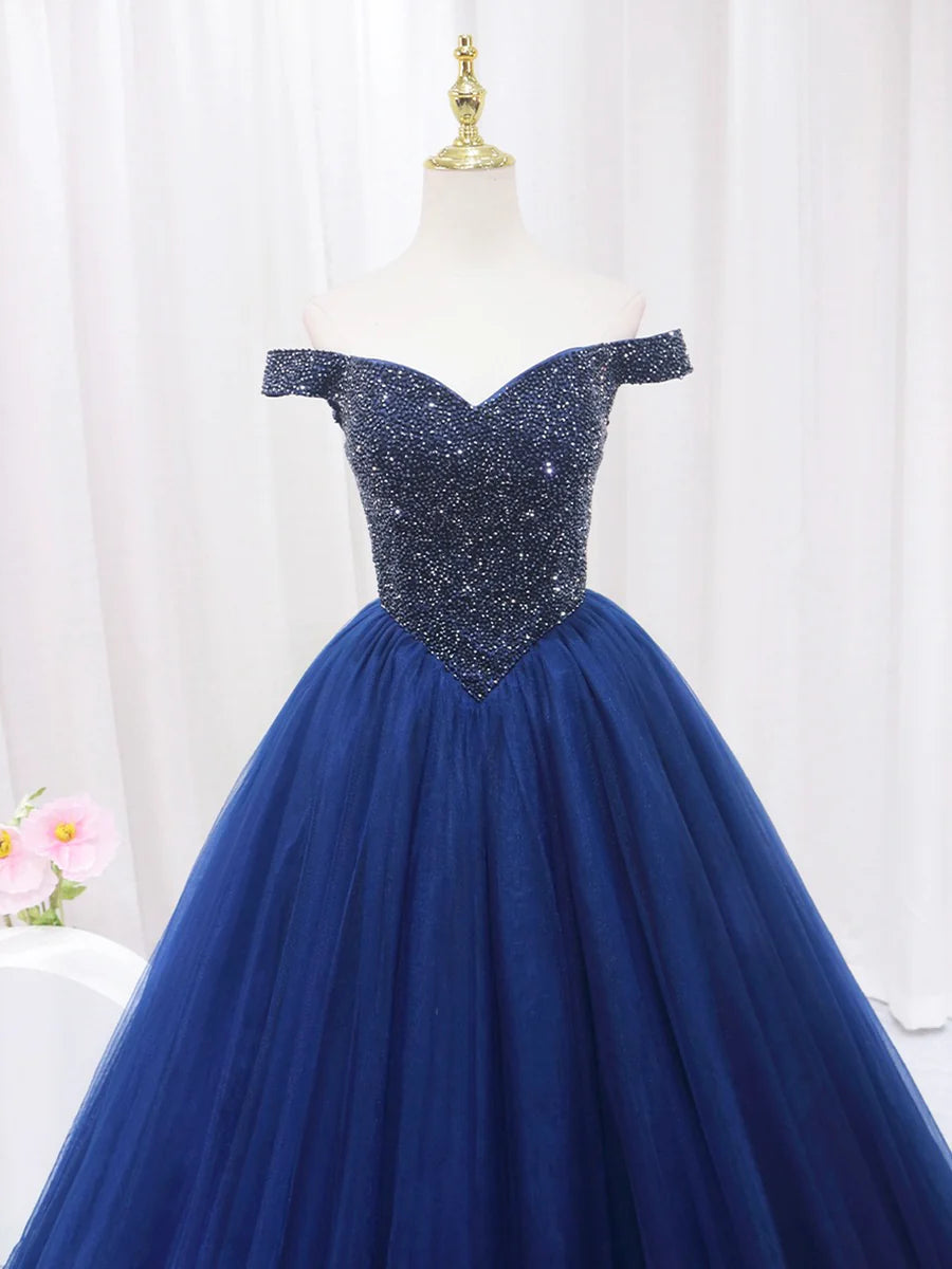 Blue Tulle Beaded Long Prom Dress, Off the Shoulder Evening Party Dress TP139