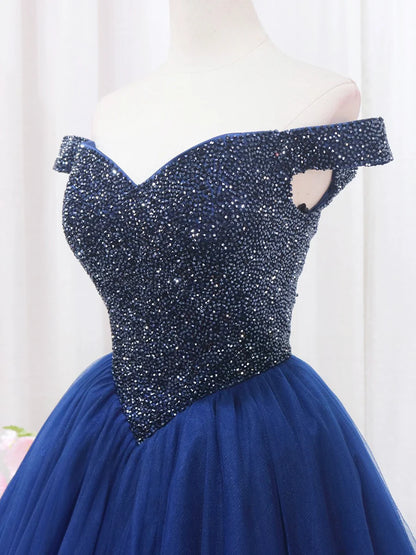 Blue Tulle Beaded Long Prom Dress, Off the Shoulder Evening Party Dress TP139