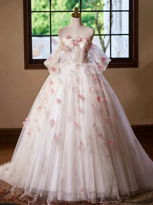 A-Line Tulle Floral Floor Length Prom Dress, Off the Shoulder Formal Party Dress TP140