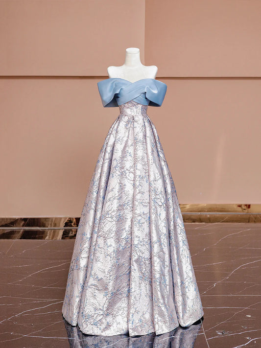 Blue Satin and Floral Pattern Floor Length Prom Dress, Off the Shoulder Evening Party Dress TP141