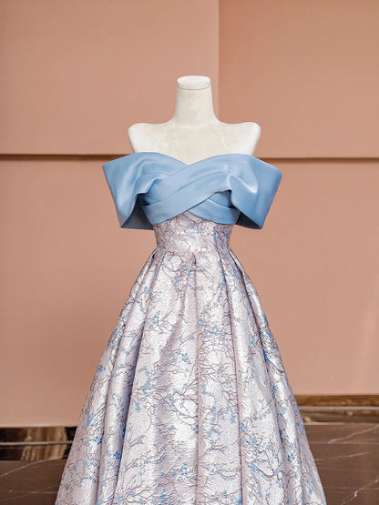 Blue Satin and Floral Pattern Floor Length Prom Dress, Off the Shoulder Evening Party Dress TP141