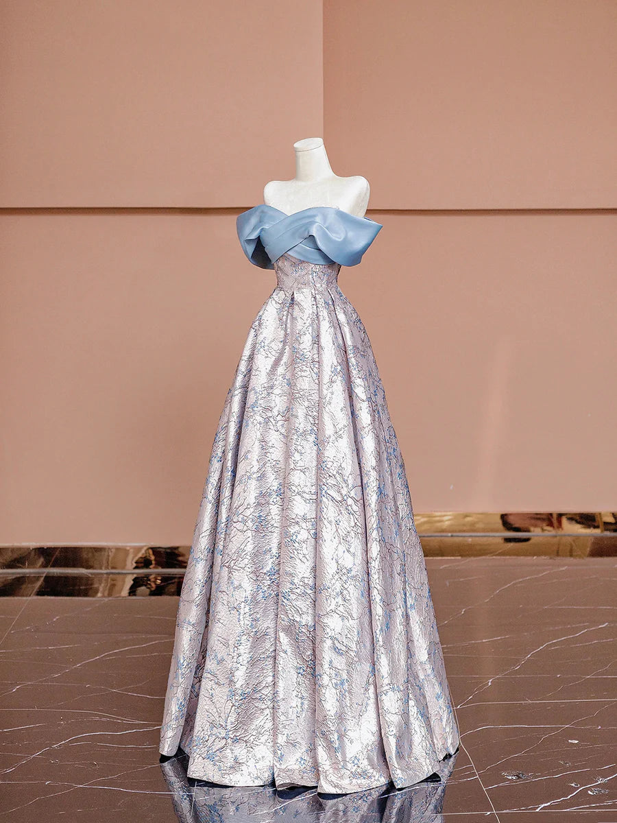 Blue Satin and Floral Pattern Floor Length Prom Dress, Off the Shoulder Evening Party Dress TP141