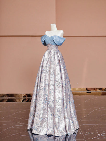 Blue Satin and Floral Pattern Floor Length Prom Dress, Off the Shoulder Evening Party Dress TP141
