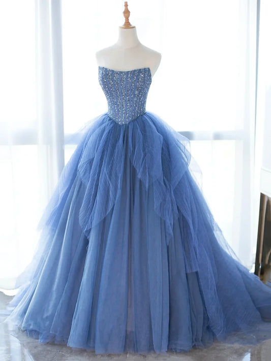 Blue Strapless Tulle Sequins Long Prom Dress, Beautiful A-Line Formal Party Dress TP142