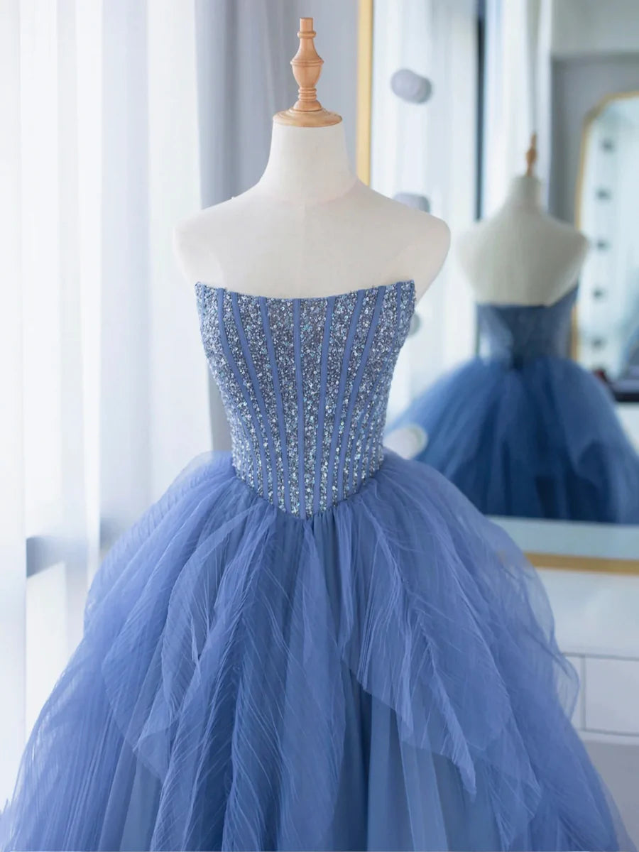 Blue Strapless Tulle Sequins Long Prom Dress, Beautiful A-Line Formal Party Dress TP142