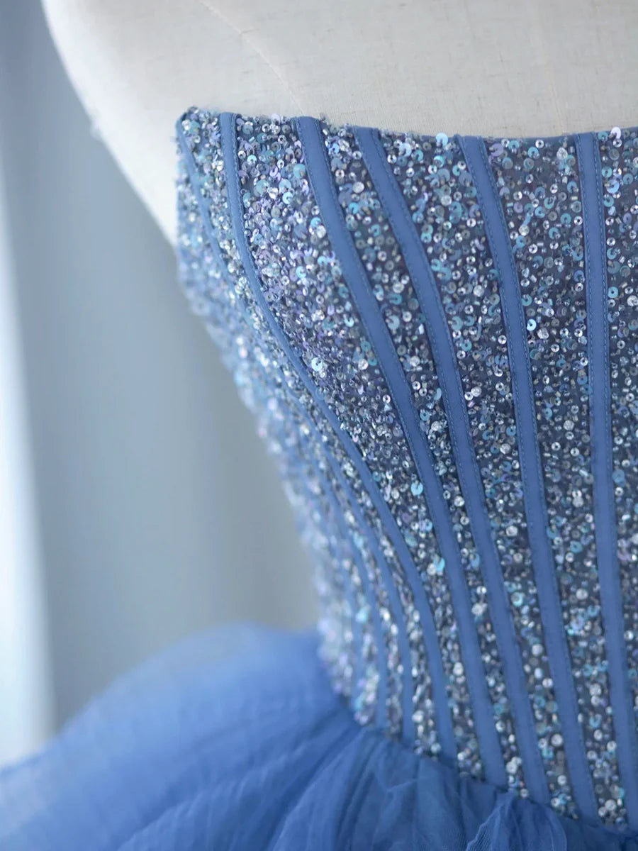 Blue Strapless Tulle Sequins Long Prom Dress, Beautiful A-Line Formal Party Dress TP142