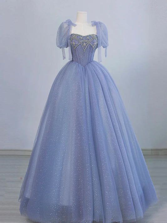 Blue Tulle Beaded Floor Length Prom Dress, A-Line Short Sleeve Evening Party Dress TP144
