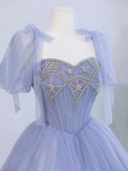 Blue Tulle Beaded Floor Length Prom Dress, A-Line Short Sleeve Evening Party Dress TP144