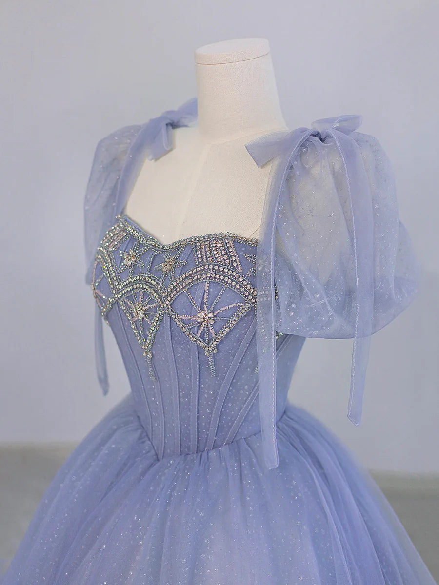Blue Tulle Beaded Floor Length Prom Dress, A-Line Short Sleeve Evening Party Dress TP144