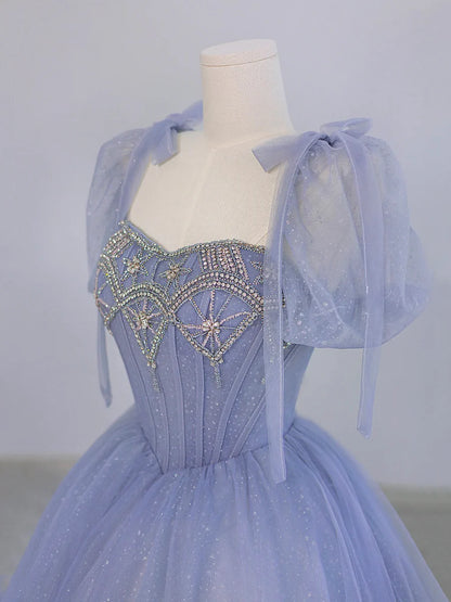 Blue Tulle Beaded Floor Length Prom Dress, A-Line Short Sleeve Evening Party Dress TP144