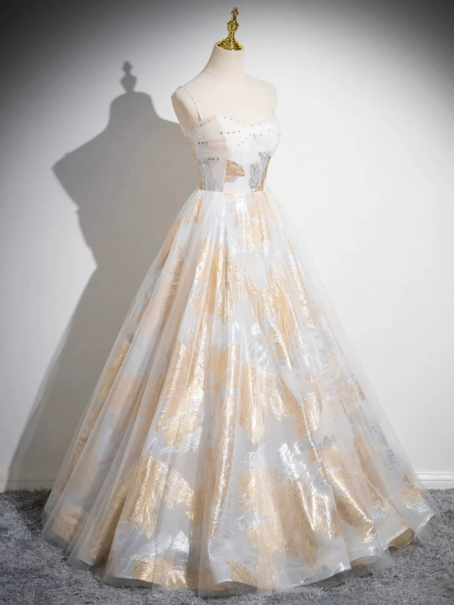 Beautiful Spaghetti Strap Floor Length Prom Dress, A-Line Floral Pattern Evening Party Dress TP149