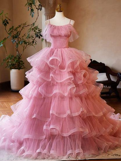 Pink Tulle Layers Long A-Line Prom Dress, Pink Spaghetti Strap Sweet 16 Dress Evening Dress TP150