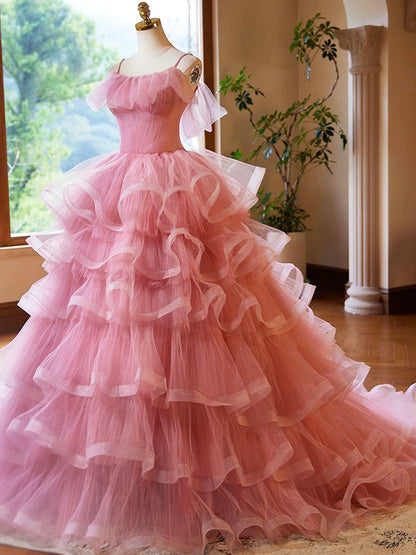 Pink Tulle Layers Long A-Line Prom Dress, Pink Spaghetti Strap Sweet 16 Dress Evening Dress TP150